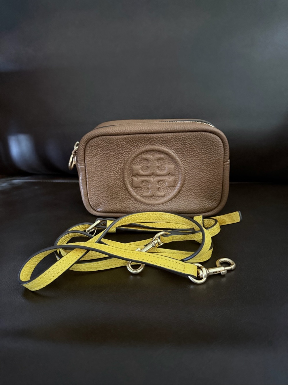 Tory Burch Brown Pebbled Leather Crossbody with Yellow Strap
